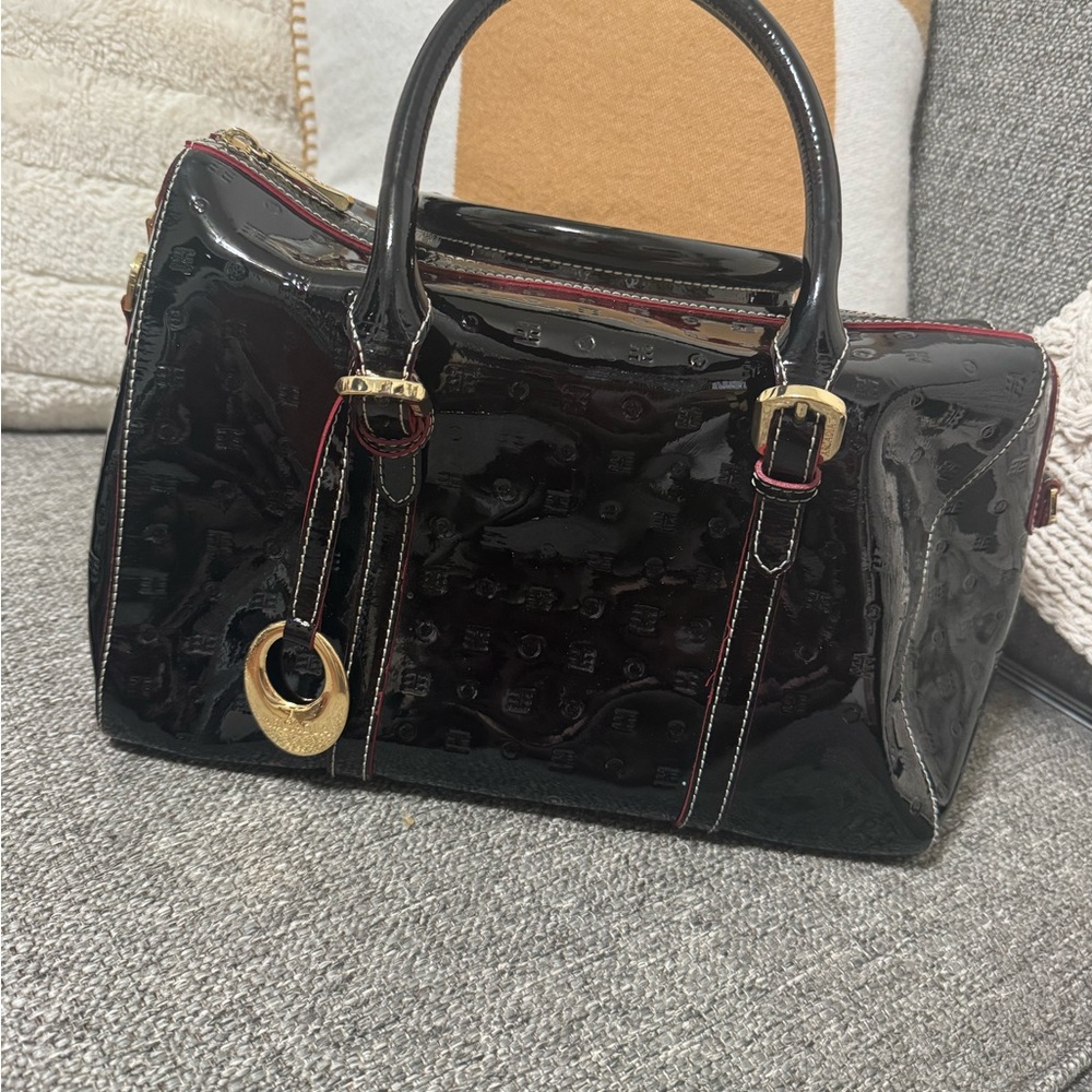 Arcadia Black Patent Satchel with Red Trim and Gold Hardware